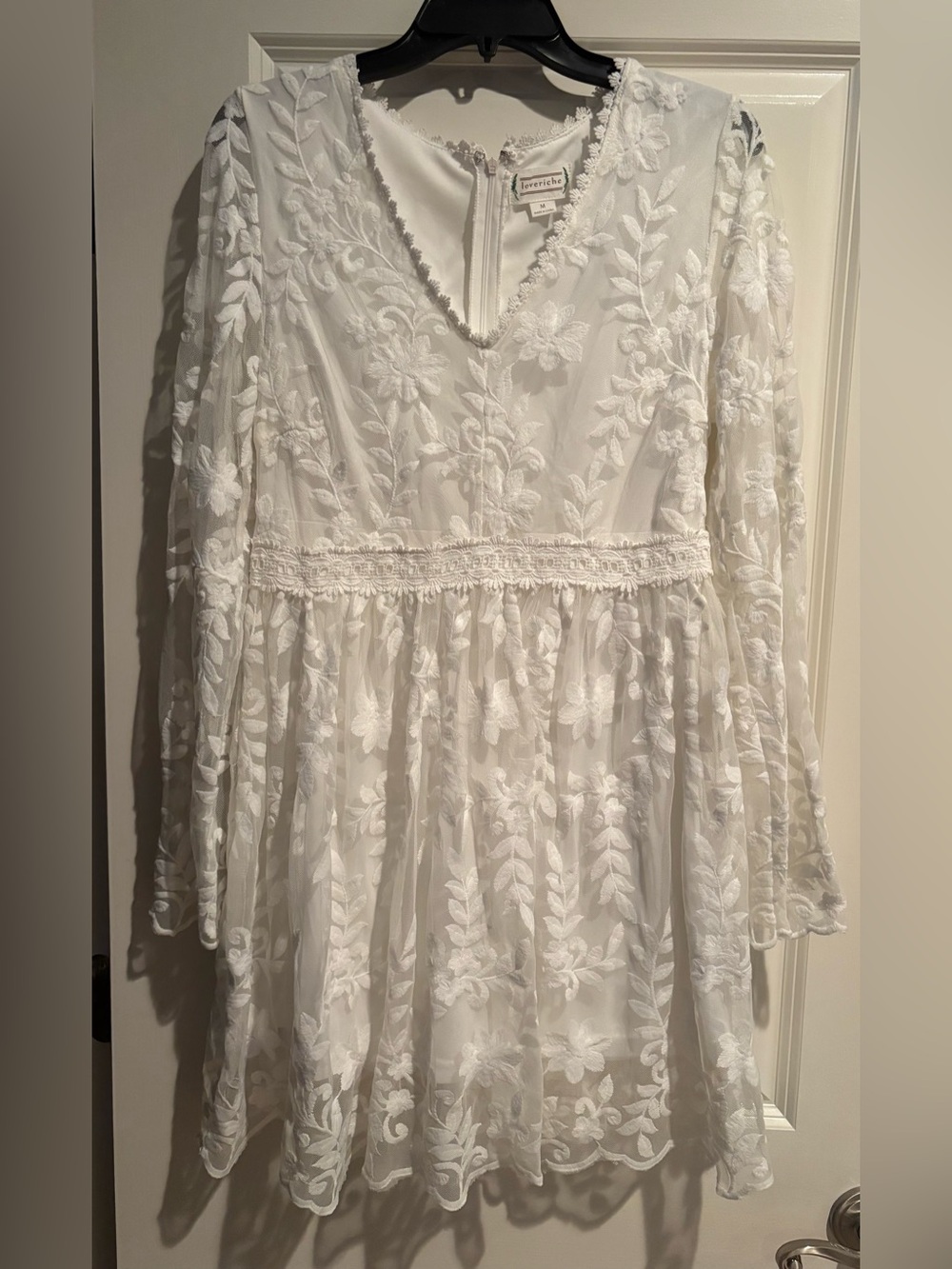 Loveriche White Embroidered Lace Mini Dress M Bell Sleeve Boho Bridal